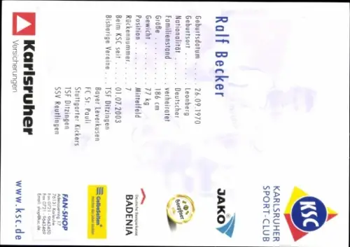 Autogrammkarte Fußballer Ralf Becker, Karlsruher SC, Autogramm