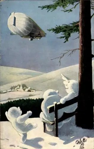 Künstler Ak Luftschiff Graf Zeppelin, vermenschlichte Schneemänner