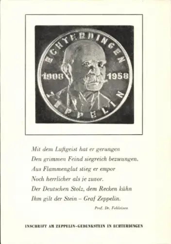 Ak Leinfelden Echterdingen,Gedenkstein,Erste Landung des Zeppelin Luftschiffes auf festem Boden 1908