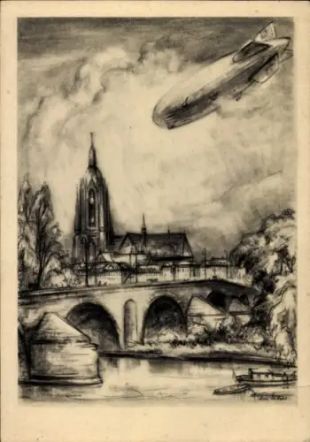 Künstler Ak Frankfurt am Main, Alte Brücke, Dom und Zeppelin