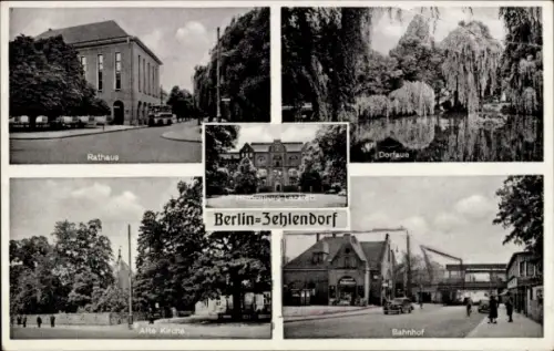 Ak Berlin Zehlendorf, Hindenburg Lazarett, Rathaus, Dorfaue, Alte Kirche