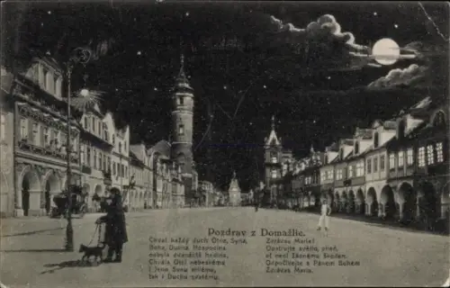 Mondschein Ak Domažlice Taus Region Pilsen, Straße, Passanten