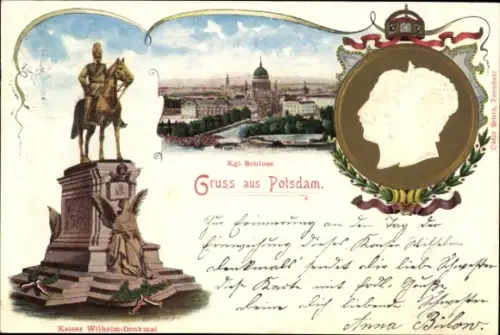 Wappen Präge Ak Potsdam, Kaiser Wilhelm Denkmal, Schloss, Kaiserpaar