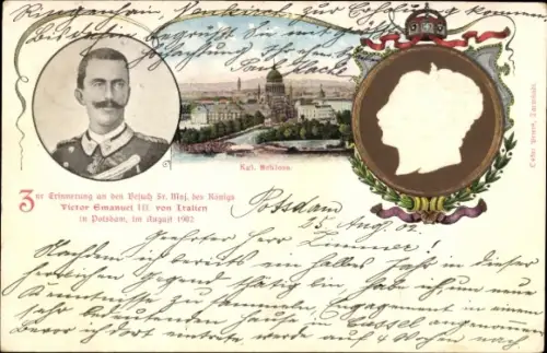 Passepartout Ak Potsdam, Panorama, Schloss, Kaiserpaar, König Victor Emanuel III. von Italien