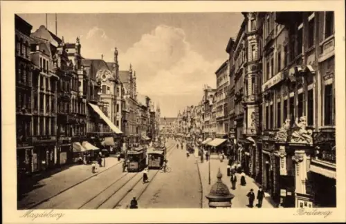 Ak Magdeburg an der Elbe, Stadtansicht von  Breiteneg, Straßenbahn, Menschen, Geschäfte