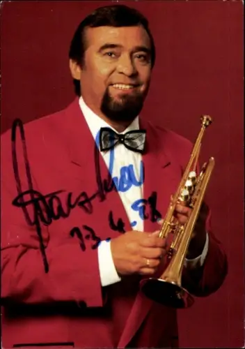 Autogrammkarte Musiker Walter Scholz mit Trompete, Autogramm