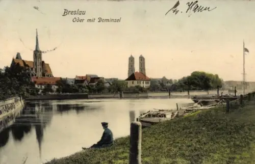 Ak Wrocław Breslau Schlesien,  Oder mit Dominsel, Flusslandschaft, Boote, Kirche