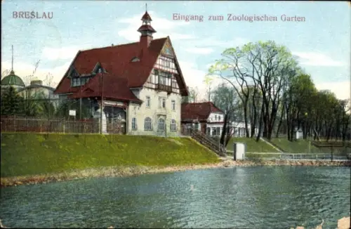 Ak Wrocław Breslau Schlesien, Eingang zum Zoologischen Garten, Wasser, Bäume, Gebäude