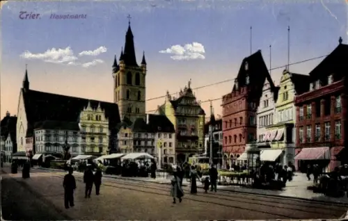 Ak Trier an der Mosel, Trier Hauptmarkt,  Gebäude, Marktstände, Menschenmenge