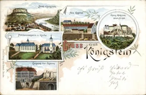 Litho Königstein an der Elbe Sächsische Schweiz, Stadtpanorama, Kirche