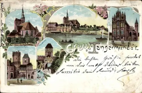 Litho Tangermünde an der Elbe, Rathaus, Kirche, Tor