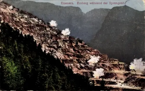 Ak Münichtal Erzberg Eisenerz Steiermark,  Erzberg, Sprengungen, Bergbau, Explosionen
