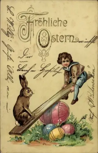 Präge Ak Glückwunsch Ostern, Osterhase und Kind beim Wippen, Ostereier