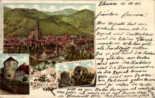 Litho Thann Elsass Haut Rhin, Gesamtansicht, Burgruine