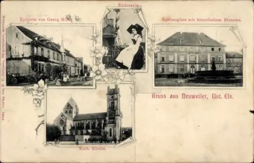 Ak Neuwiller lès Saverne Neuweiler Elsass Bas Rhin, Vorderseite mit vier Bildern, Elsässerin, Sch
