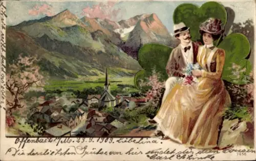 Litho Liebespaar, Glücksklee, Dorf im Gebirge