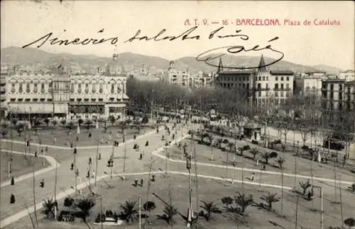 Ak Barcelona Katalonien Spanien, Plaza de Cataluña,  Stadtansicht, Bäume, Menschen