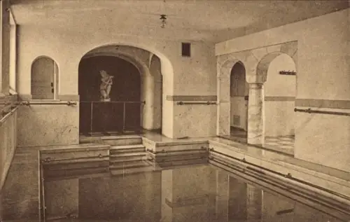 Ak Obersendling München Bayern, Schwimmbad, Kuranstalt  Statue, Innenansicht