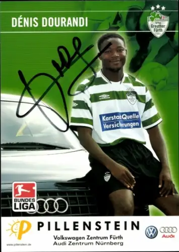 Autogrammkarte Fußballer Dénis Dourandi, SpVgg Greuther Fürth, Autogramm, Audi, VW