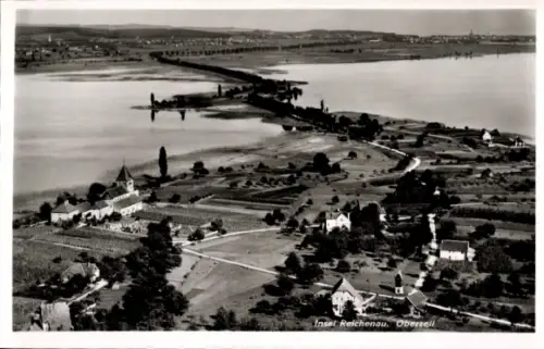 Ak Oberzell Insel Reichenau im Bodensee,  Oberzell, Landschaft, Wasser, Bäume, Wege, Gebäude