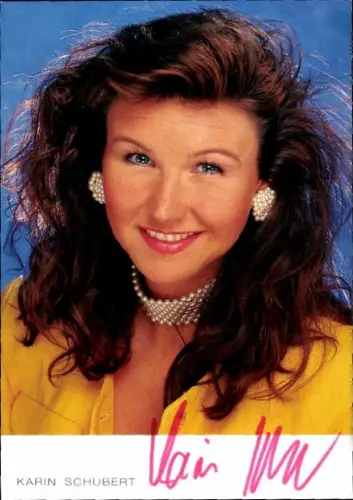 Autogrammkarte Moderatorin Karin Schubert, Portrait, Autogramm