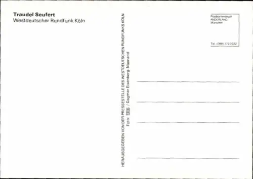 Autogrammkarte Moderatorin Traudel Seufert, Portrait, Autogramm