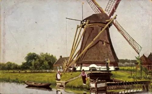 Ak Niederlande, Windmühle am Wasser