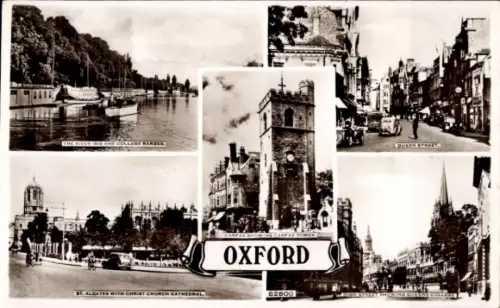 Ak Oxford Oxfordshire England, Fluss Isis, College-Barges, Carfax Tower, Christ Church Cathedral,