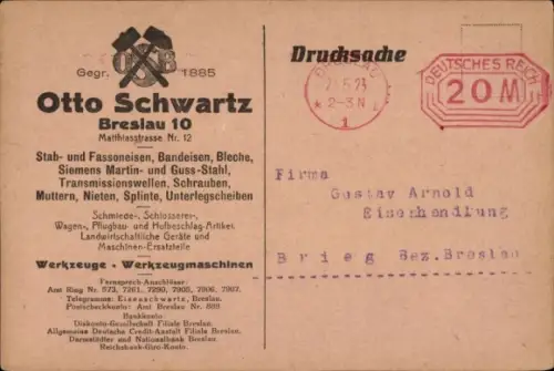 Ak Wrocław Breslau Schlesien, Werbung, Werkzeuge, Werkzeugmaschinen, Otto Schwartz