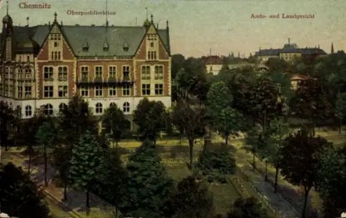 Ak Chemnitz in Sachsen, Oberpostdirektion, Amts- und Landgericht, Bäume, Straßenansicht