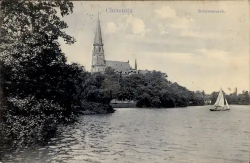 Ak Chemnitz in Sachsen,  Schlossteich, Kirche, Boot