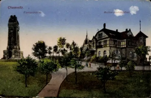 Ak Chemnitz in Sachsen,  Bismarckturm, Bismarckschlösschen, Parklandschaft