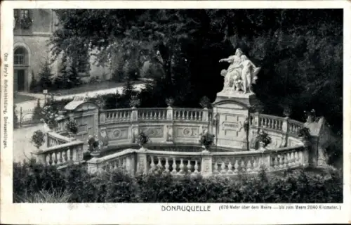 Ak Donaueschingen im Schwarzwald, Donauquelle, Statue, Brunnenanlage, Pflanzen, 