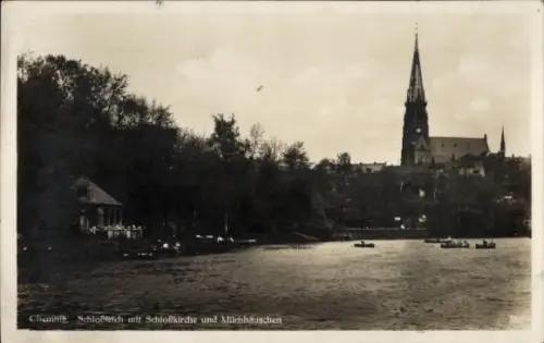 Ak Chemnitz in Sachsen,  Schloffelch, Schloßkirche, Milchhäuschen, Wasser, Boote