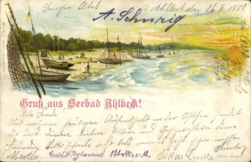 Litho Ostseebad Ahlbeck auf Usedom, Boote am Strand