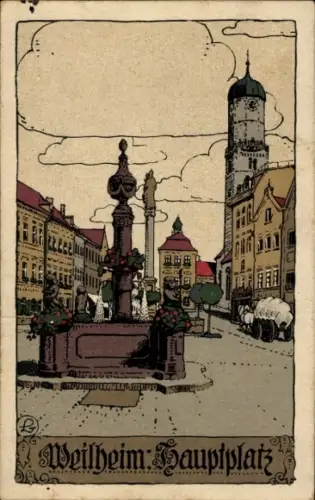 Steindruck Ak Weilheim Oberbayern, Hauptplatz