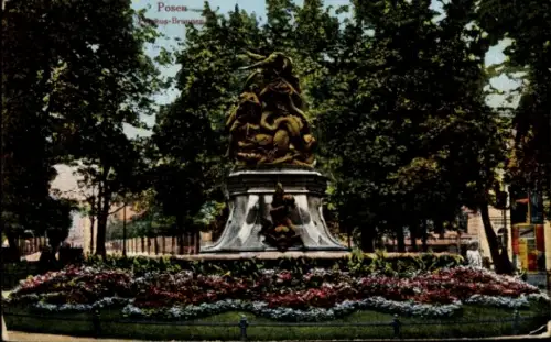 Ak Poznań Posen,  bus-Brunnen, Statue, Blumenbeet, Bäume