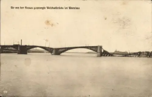 Ak Warszawa Warschau Polen, Weichselbrücke, gesprengt, Fluss, Brücke, Ruine