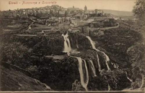 Ak Tivoli Lazio, Panorama mit Wasserfällen, Stadtansicht,  