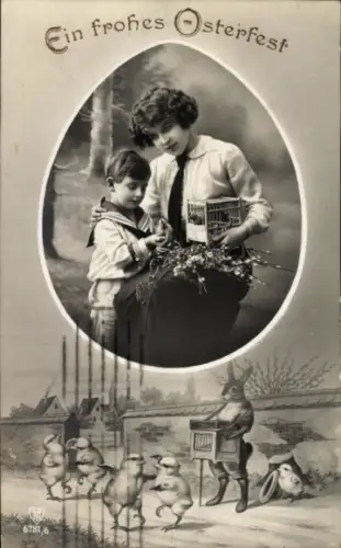 Ak Glückwunsch Ostern, Osterhase, Tanzende Küken, Leierkasten, Frau mit Kind