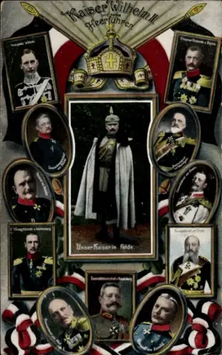 Ak Kaiser Wilhelm II., Kronprinz, Heerführer, von Tirpitz, Hindenburg, von Emmich, Portraits