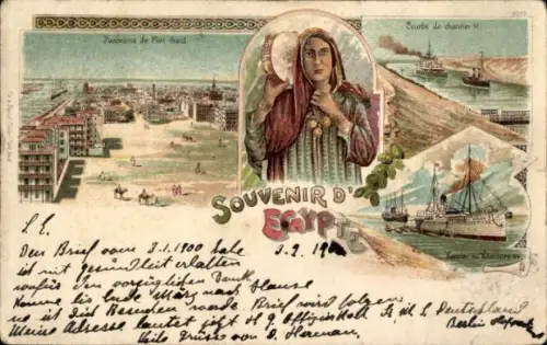 Litho Port Said Ägypten, Gesamtansicht, Dampfer, Frau mit Tamburin