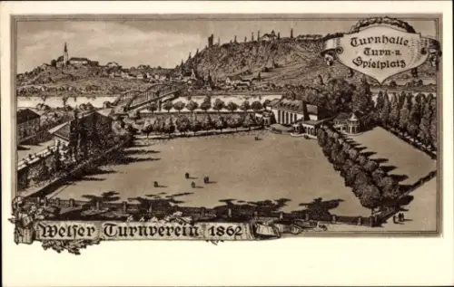 Ak Wels in Oberösterreich, Welser Turnverein 1862, Turnhalle, Turn- und Spielplatz