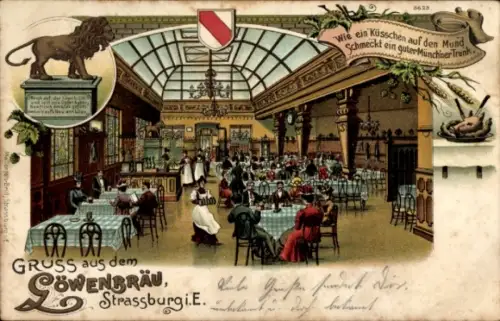 Litho Strasbourg Straßburg Elsass Bas Rhin, Gasthaus Löwenbräu, Innenansicht