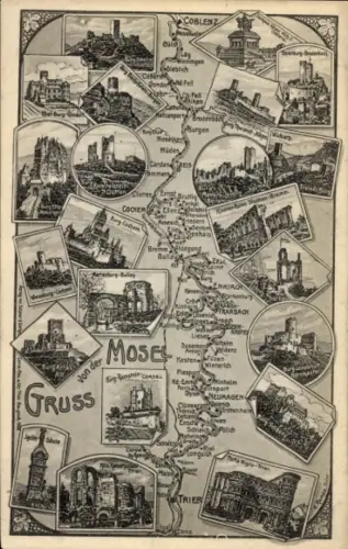 Landkarten Ak Gruß von der Mosel, Trier, Koblenz, Cochem, Neumagen, Zell, Burgruinen
