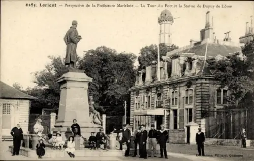 Ak Lorient Morbihan, Statue von Dupuy de Lôme, Präfektur Marina, Tour du Port, Menschenmenge