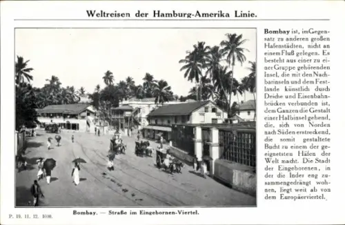Ak Mumbai Bombay Indien, Straße im Eingeborenen-Viertel, Weltreisen der HAPAG