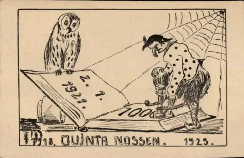 Ak Eule sitzt auf Buch, Stempel, Spinnennetz, Quinta Nossen