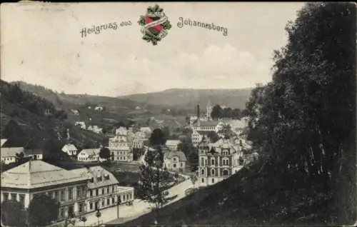 Ak Janov nad Nisou Johannesberg in Böhmen Region Reichenberg, Teilansicht, Wappen