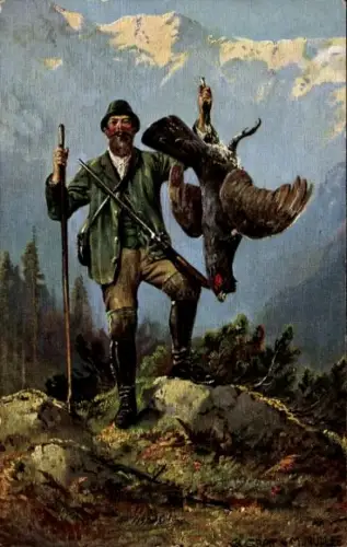 Künstler Ak Müller, M., Jäger mit erlegtem Auerhahn